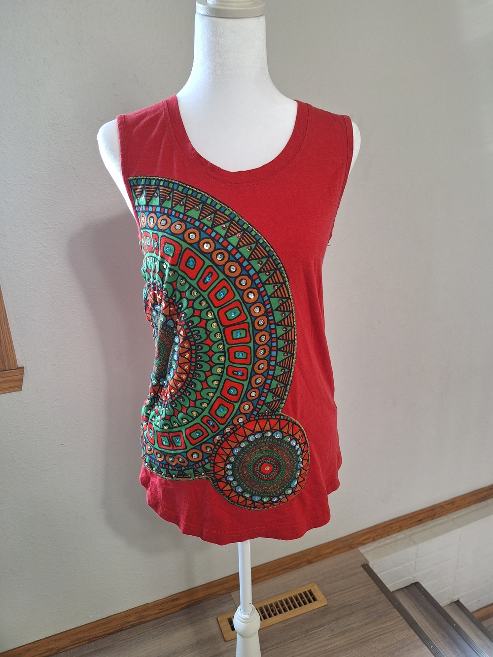 Desigual Red Sleeveless Tank with Multicolor Mandala Print